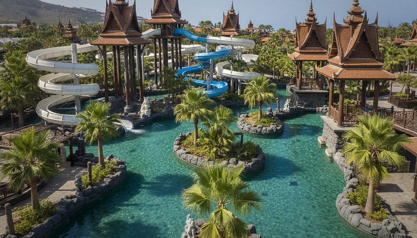 Water slides and turquoise pools of a tropical water park surrounded by palm trees