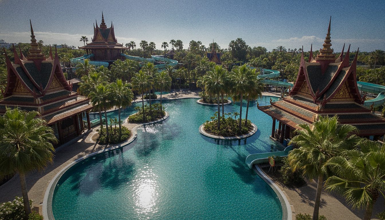Thai-themed water park in Tenerife with turquoise pools, palm trees and pagoda roofs